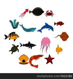 Sea animals icons set in flat style isolated vector illustration. Sea animals icons set in flat style