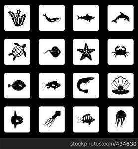 Sea animals icons set in white squares on black background simple style vector illustration. Sea animals icons set squares vector