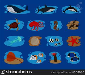 Sea animals in bubbles flat icons. Vector illustration.. Sea animals icons