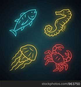 Sea animals neon light icons set. Swimming tuna, crab, seahorse, jellyfish. Seafood restaurant menu. Marine fauna. Undersea world inhabitants. Glowing signs. Vector isolated illustrations