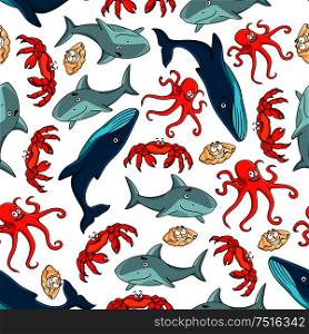 Sea animals seamless pattern with red crab and octopus, shark, seashell and whale. Cartoon sea animals seamless pattern