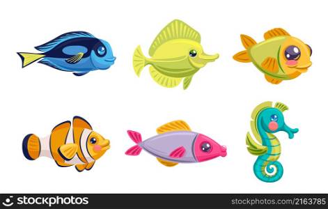 Sea animals, tropical exotic fish in colored. Vector tropical marine fishes for aquarium, decorative aquatic illustration. Sea animals, tropical exotic fish in colored