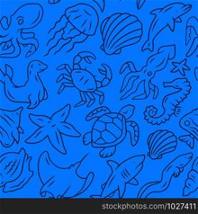 Sea animals vector seamless pattern. Marine habitants background. Blue texture, linear icons. Aqua fauna. Fish, octopus and turtle. Ocean creatures wrapping paper, wallpaper design