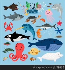 Sea Animals. Vector underwater animal creatures and fish in the sea, swordfish and langoustine, ocean beach turtle and starfish isolated on blue background. Sea Animals. Vector underwater animal creatures and fish in sea, swordfish and langoustine, ocean turtle and starfish
