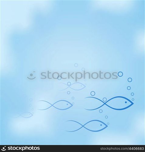 Sea background. The flight of fishes floats on the sea. A vector illustration