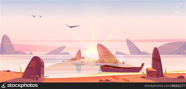 Sea beach and small island in water with rocks at sunrise. Vector cartoon morning landscape of ocean or lake coastline, sand shore with stones, wooden boat and rising sun with beams on horizon. Sea beach with rocks and boat at sunrise