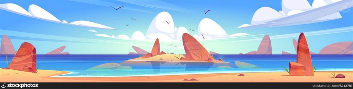 Sea beach landscape with stones and small sand island in water. Vector cartoon illustration of panorama of ocean or lake coast with rocks, seagulls and clouds in sky. Sea beach landscape with stones