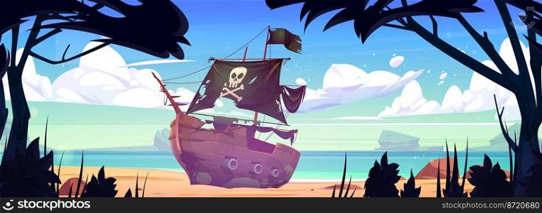 Sea beach with broken pirate ship after shipwreck and jungle trees. Ocean shore landscape with old sunken wooden corsair boat with cannons, black flag and sails with skull, vector cartoon illustration. Sea beach with broken pirate ship after shipwreck
