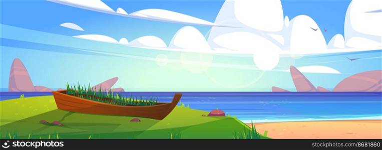 Sea beach with old boat in green grass. Vector cartoon summer landscape of ocean sand shore with stones in water, clouds and seagulls in sky. Derelict broken ship on sea coast. Sea beach with old boat in green grass