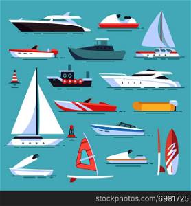 Sea boats and little fishing ships. Sailboats flat vector icons. Set of water transport boat and vessel, tugboat and motorboat illustration. Sea boats and little fishing ships. Sailboats flat vector icons