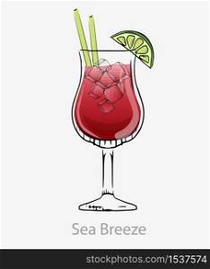 Sea breeze cocktail. Red cocktail ice cubes green straws lime wedge long drink alcoholic vodka grapefruit, cranberry juice served old fashion vector glass category modern classic.. Sea breeze cocktail. Red cocktail ice cubes green straws lime wedge.