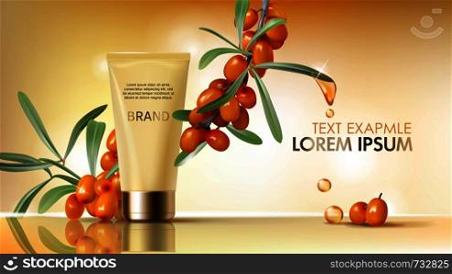 Sea buckthorn cosmetics vector realistic ads poster. Elegant packaging, tube with cosmetic hand, face cream, branch with juicy orange seaberry, olive green leaves and golden oil drops, magazine mockup. Sea buckthorn cosmetics vector realistic