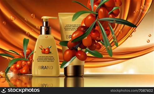 Sea buckthorn cosmetics vector realistic ads poster. Elegant packaging with cosmetic cream or lotion, branch with juicy orange seaberry, olive green leaves and flowing golden oil, magazine mockup. Sea buckthorn cosmetics vector realistic