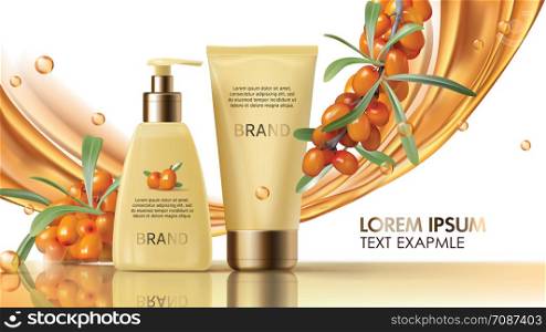 Sea buckthorn cosmetics vector realistic ads poster. Elegant packaging with cosmetic cream or lotion, branch with juicy orange seaberry, olive green leaves and flowing golden oil, magazine mockup. Sea buckthorn cosmetics vector realistic