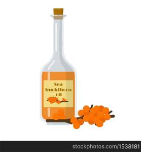 Sea buckthorn oil in bottle with cork. Liquid used for cosmetic treatment or aromatherapy. Face and body moisturizing vector illustration.