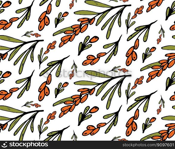 Sea buckthorn seamless pattern. Doodle colorful vector for fashion, print, textile, cover. Pattern for background, card, poster, coves, scrapbooking, textile, wrapping, banners, notebook.. Sea buckthorn seamless pattern. Doodle colorful vector for fashion, print, textile, cover.