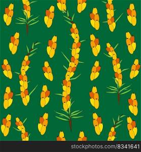 Sea buckthorn seamless pattern. Twigs with berries and leaves. Template with orange fresh berries for wallpaper, fabric, packaging.. Sea buckthorn seamless pattern. Twigs with berries and leaves. Template with orange fresh berries for wallpaper