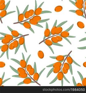 Sea buckthorn seamless pattern, vector illustration. Twigs with berries and leaves, background. Template with orange fresh berries for wallpaper, fabric, packaging.. Sea buckthorn seamless pattern, vector illustration.