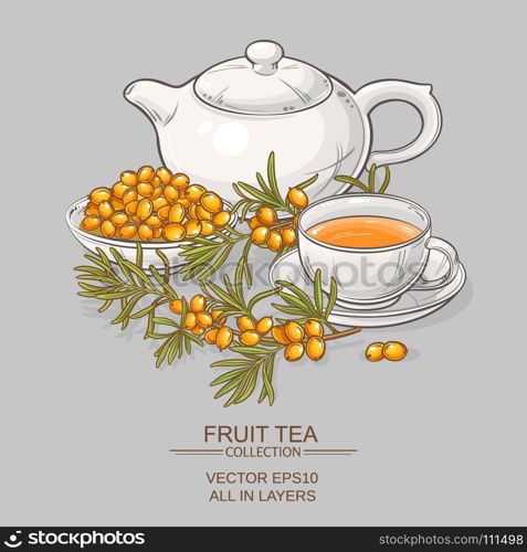 sea buckthorn tea. cup of sea buckthorn tea and teapot on color background