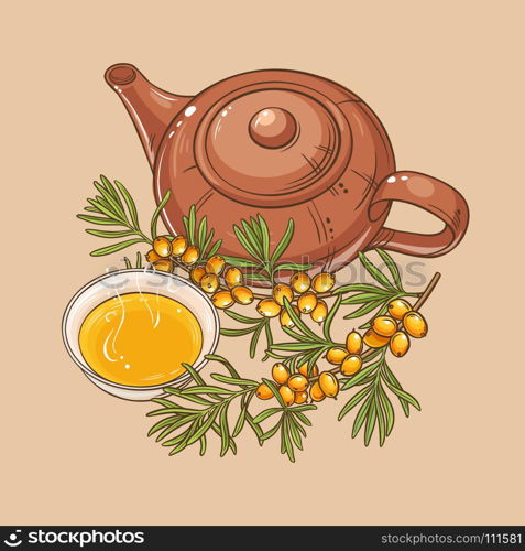 sea buckthorn tea. sea buckthorn tea in teapot and tea bowl on color background