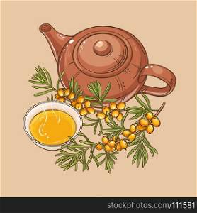 sea buckthorn tea. sea buckthorn tea in teapot and tea bowl on color background