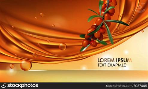 Sea buckthorn vector realistic ads poster. Branch with juicy orange seaberry, olive green leaves, flowing golden oil and flying oil drops on glowing glossy background, magazine mockup, banner ad. Sea buckthorn vector realistic banner ad