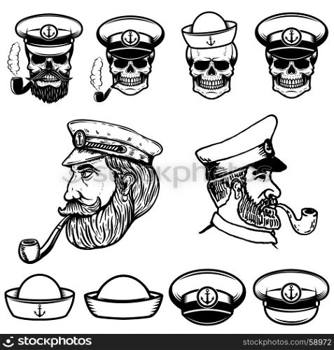 Sea captain illustrations. Skulls in sailor hats. Design elements for logo, label, emblem, sign. Vector illustration