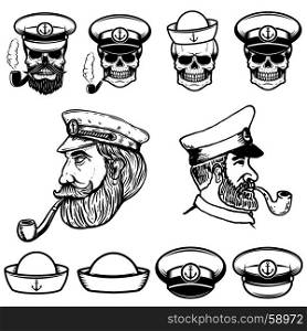 Sea captain illustrations. Skulls in sailor hats. Design elements for logo, label, emblem, sign. Vector illustration