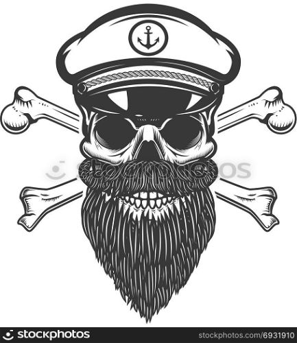 Sea captain skull with crossbones isolated on white background. Design element for emblem, sign, label, menu. Vector illustration