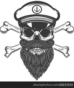 Sea captain skull with crossbones isolated on white background. Design element for emblem, sign, label, menu. Vector illustration