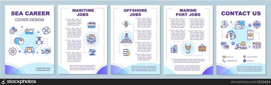 Sea career brochure template. Maritime jobs. Offshore jobs. Flyer, booklet, leaflet print, cover design with linear icons. Vector layouts for magazines, annual reports, advertising posters