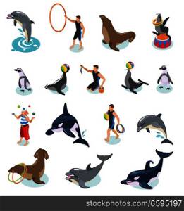 Sea circus isometric icons set of seals walrus penguins dolphin killer whale animal trainers and juggling clown isolated vector illustration  . Sea Circus Isometric Icons