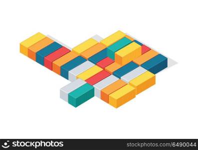 Sea Containers in Isometric Projection Vector. Sea containers vector. Isometric projection illustration. Line of different color metal containers for goods transportation on shops. For delivery company ad design, icons, games. Isolated on white