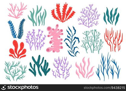 Sea corals. Tropical underwater flora and fauna, colorful coral reef collection of various, marine botany for sticker design. Vector set of coral reef ocean, underwater marine tropical illustration. Sea corals. Tropical underwater flora and fauna, colorful coral reef collection of various shapes, exotic marine botany backdrop for sticker design. Vector set