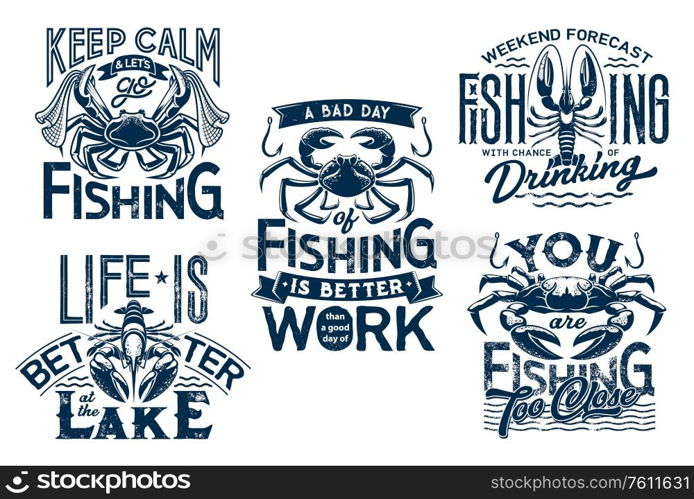 Sea crab, crayfish on water waves and lobster with fishnet. Keep calm and life on lake quotes for t-shirt print. Marine fishing vector grunge blue icons with nautical symbols and crab animals. Lobster and crab t-shirt prints with fishnet