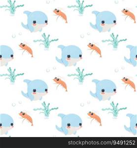Sea creatures pattern seamless set cute vector on white isolated background, shrimp, seaweed, coral, crab, dolphin, horsefish, octopus. Sea creatures pattern seamless set cute vector