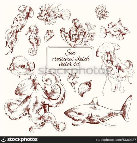 Sea creatures sketch decorative icons set isolated vector illustration