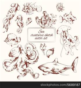 Sea creatures sketch decorative icons set isolated vector illustration