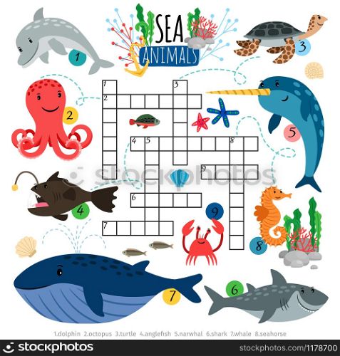 Sea crossword. Ocean animals crosswords game for kids, vector brainteaser word puzzle with dolphin and whale, octopus and turtle. Ocean animals crosswords game for kids