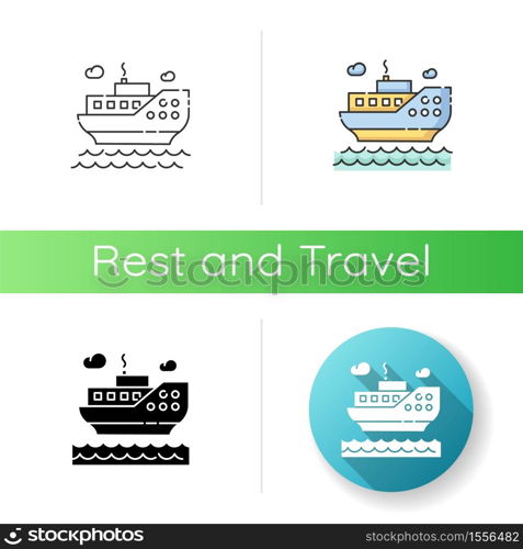 Sea cruise icon. Linear black and RGB color styles. Nautical tourism, holiday voyage, sailing. Luxurious journey, vacation on ocean liner. Large passenger ship isolated vector illustrations. Sea cruise icon