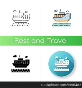 Sea cruise icon. Linear black and RGB color styles. Nautical tourism, holiday voyage, sailing. Luxurious journey, vacation on ocean liner. Large passenger ship isolated vector illustrations. Sea cruise icon