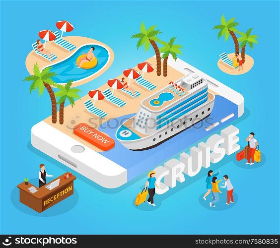 Sea cruise isometric composition with tourists sunbathing and swimming in south sea vector illustration