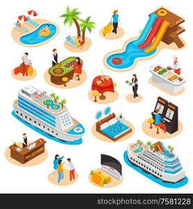 Sea cruise isometric icons set of aqua park elements ship hotel reception vector illustration