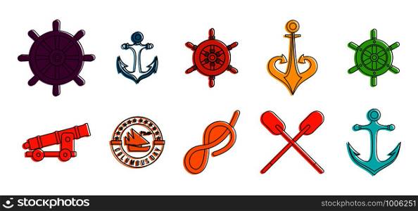 Sea element icon set. Color outline set of sea element vector icons for web design isolated on white background. Sea element icon set, color outline style