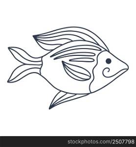 Sea fish baby character isolated vector illustration. Contour marine or oceanic inhabitant. Kid black coloring underwater animal. Sea fish baby character isolated vector illustration