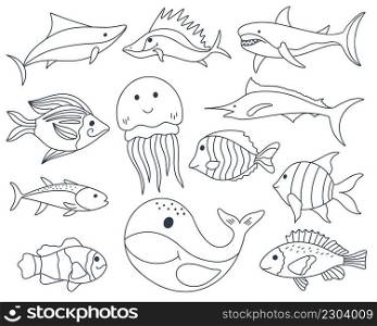 Sea fish doodle set. Collection hand drawn ocean characters. Baby coloring underwater inhabitants. Isolated vector illustration. Sea fish doodle set