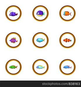 Sea fish icons set. Cartoon style set of 9 sea fish vector icons for web design. Sea fish icons set, cartoon style