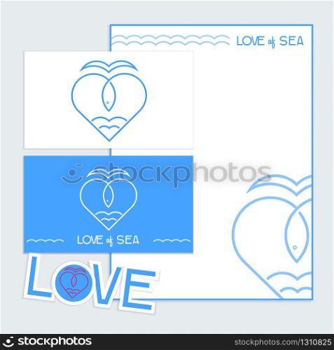 Sea Fish logo Brand indentity icon outline stroke tamplat set in heart shape isolated on blue background with text Love of Sea. Sea Fish logo icon outline stroke tamplat set