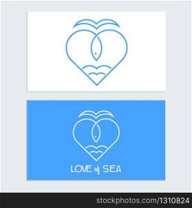 Sea Fish logo icon outline stroke tamplat set in heart shape isolated on blue background with text Love of Sea. Sea Fish logo icon outline stroke tamplat set in heart shape isolated on blue background