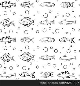 Sea fish outline sketch drawing seamless pattern, vector isolated print template, graphic aquarium underwater wallpaper, simple black flat style wrapping paper.
